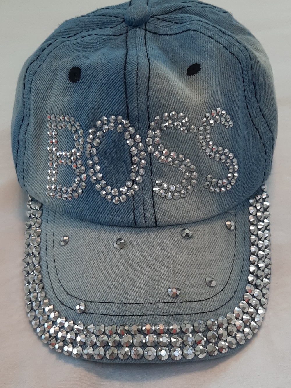 Boss Denim Cap with Crystal Like Logo and Brim Trim Light Blended Wash